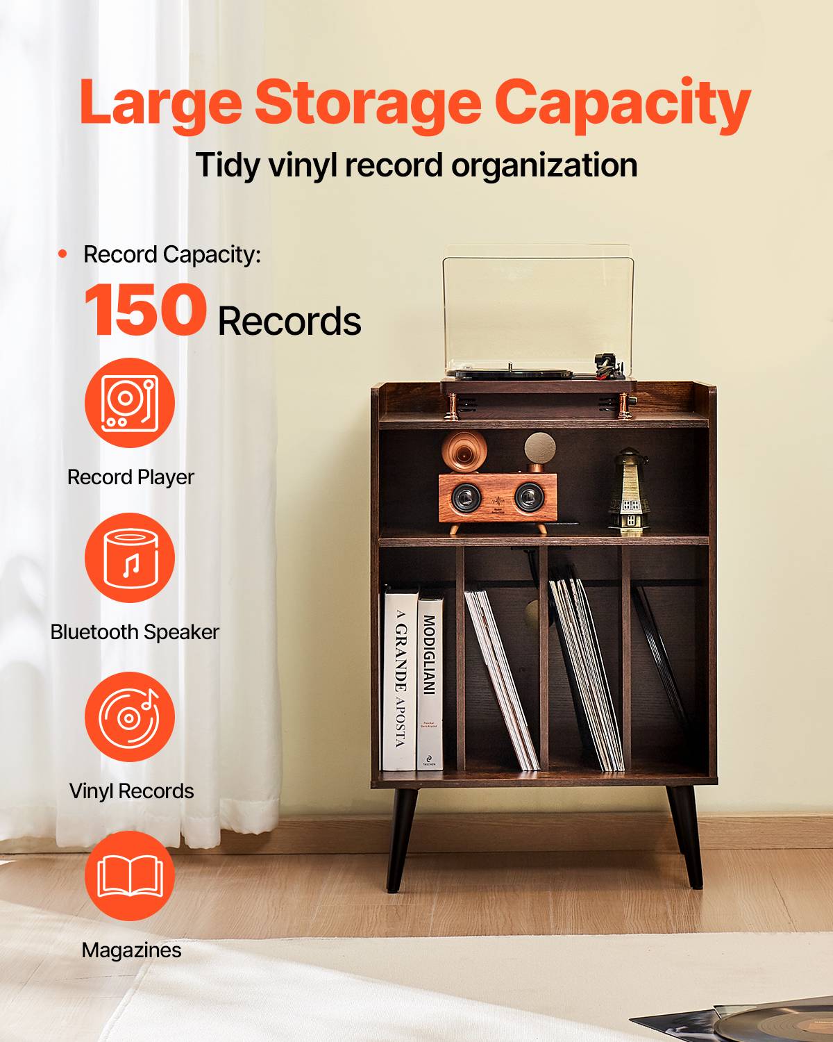 VEVOR Meuble platine vinyles 3 niveaux, LED, station charge USB, 150 albums. Bois. - Image 2