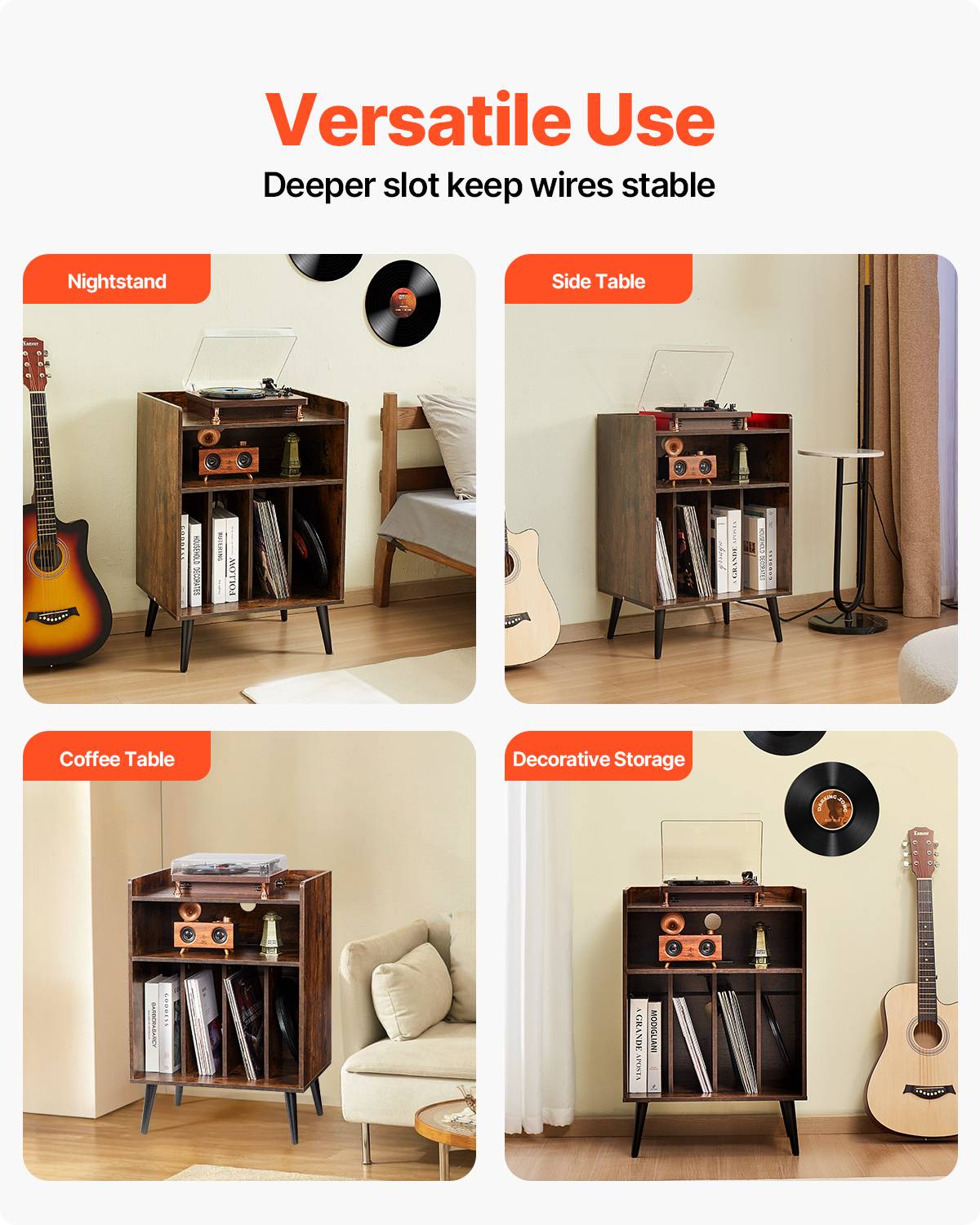 VEVOR Meuble platine vinyles 3 niveaux, LED, station charge USB, 150 albums. Bois. - Image 6
