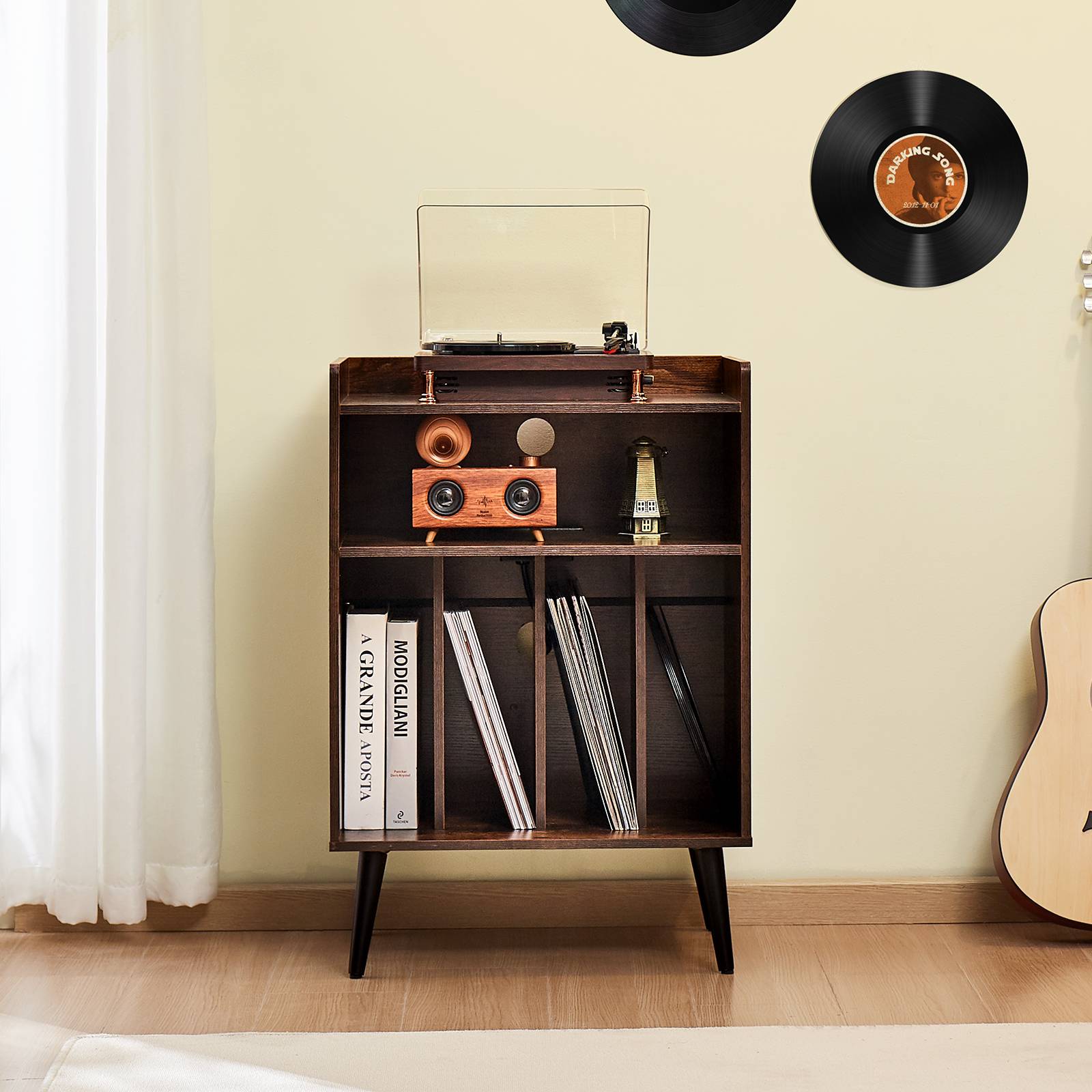 VEVOR Meuble platine vinyles 3 niveaux, LED, station charge USB, 150 albums. Bois. - Image 8