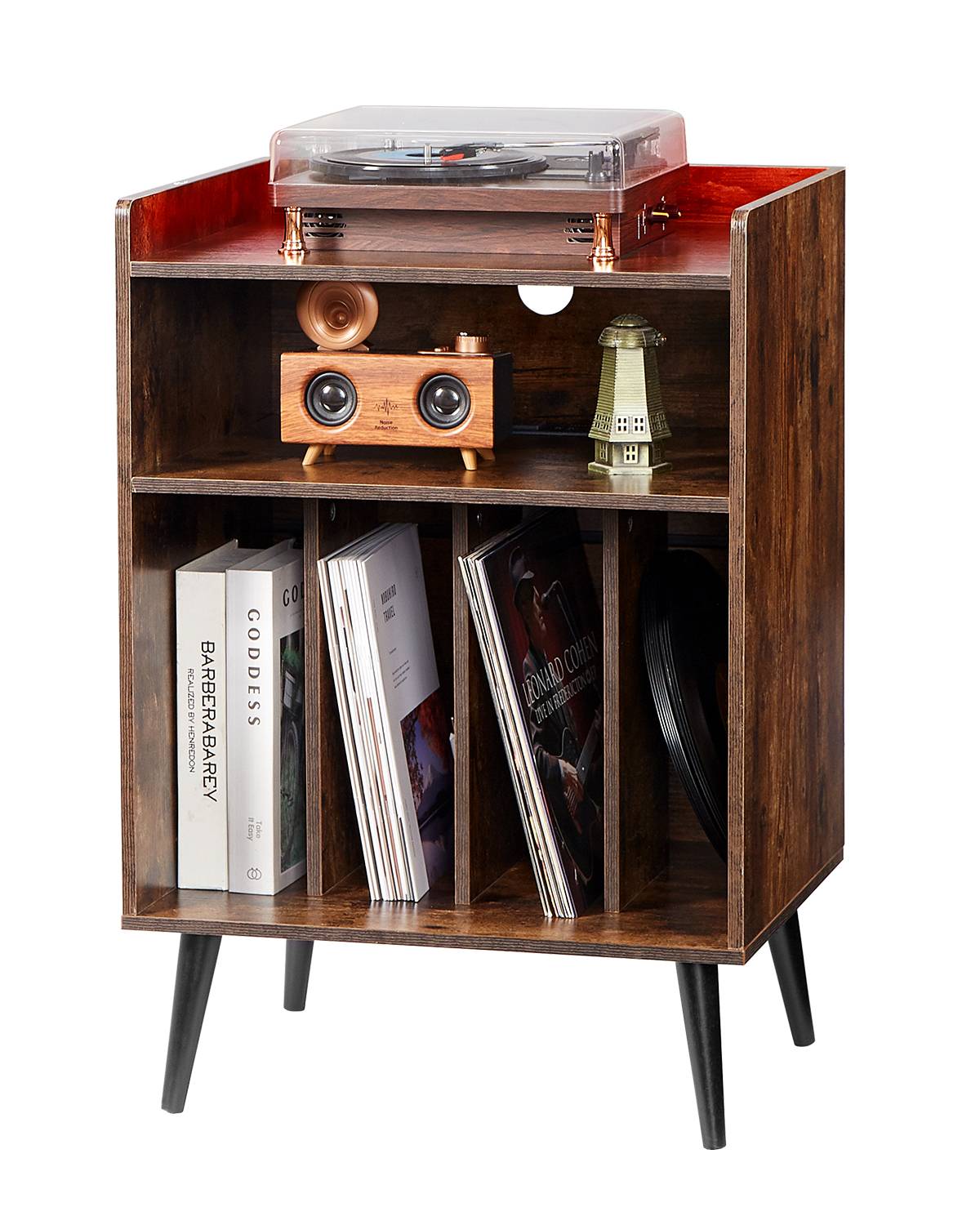 VEVOR Meuble platine vinyles 3 niveaux, LED, station charge USB, 150 albums. Bois. - Image 1