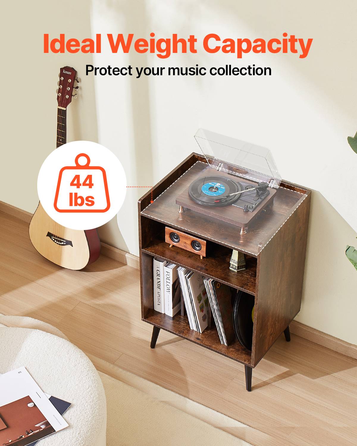 VEVOR Meuble platine vinyles 3 niveaux, LED, station charge USB, 150 albums. Bois. - Image 4