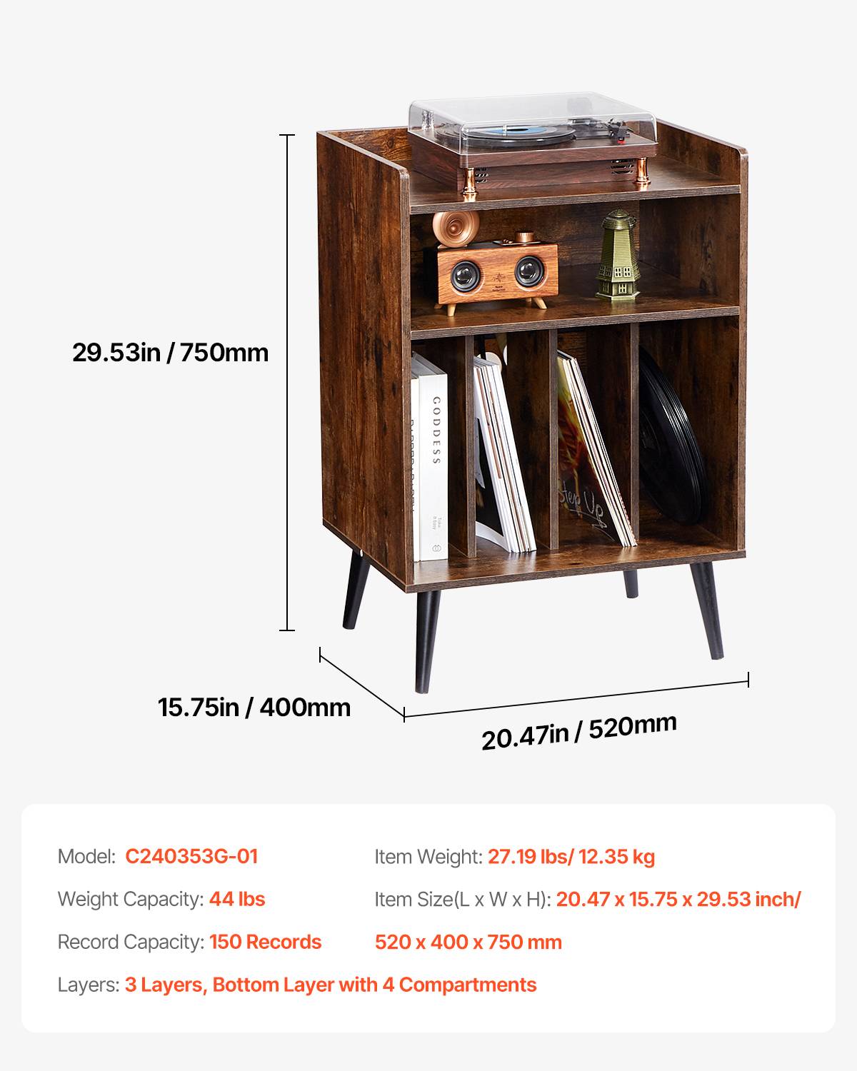 VEVOR Meuble platine vinyles 3 niveaux, LED, station charge USB, 150 albums. Bois. - Image 7