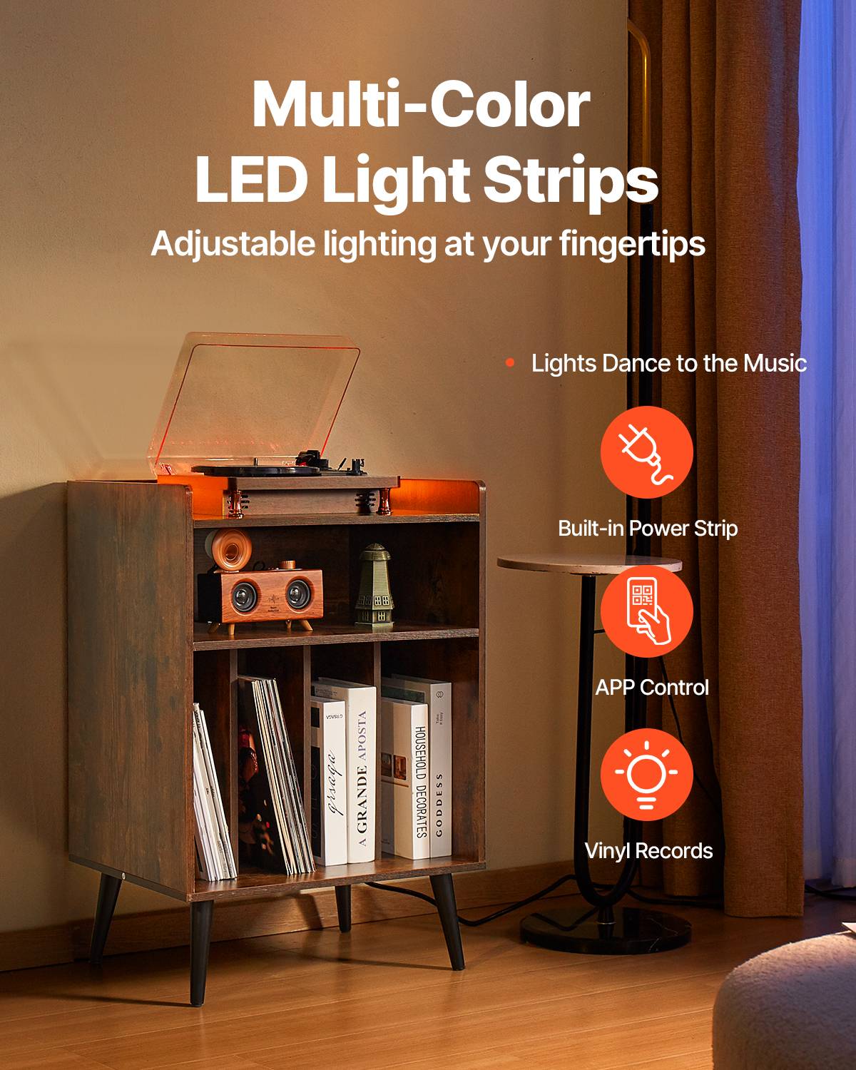 VEVOR Meuble platine vinyles 3 niveaux, LED, station charge USB, 150 albums. Bois. - Image 3