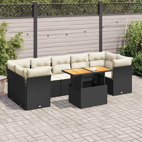 Salon de jardin 8 places modulable noir résine tressée et bois avec table ajustable – ComfortXL Outdoor Living - Image 1