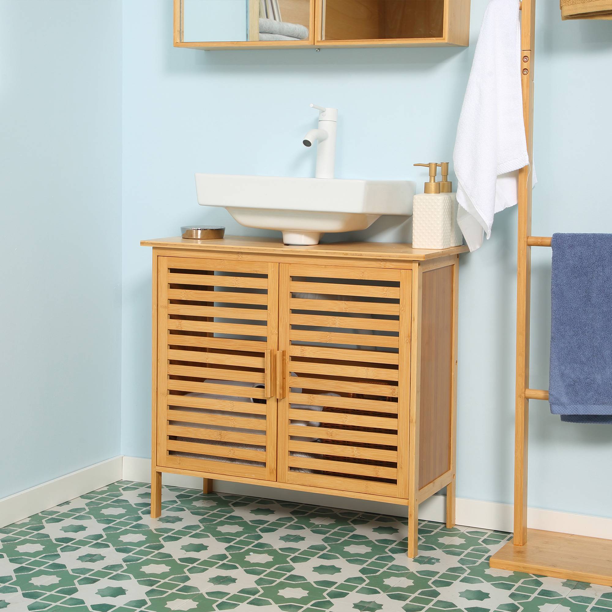 Sans Marque - Meuble sous-lavabo bambou meuble salle bain sur pied 2 portes 66x29x61,5 cm naturel - Image 4