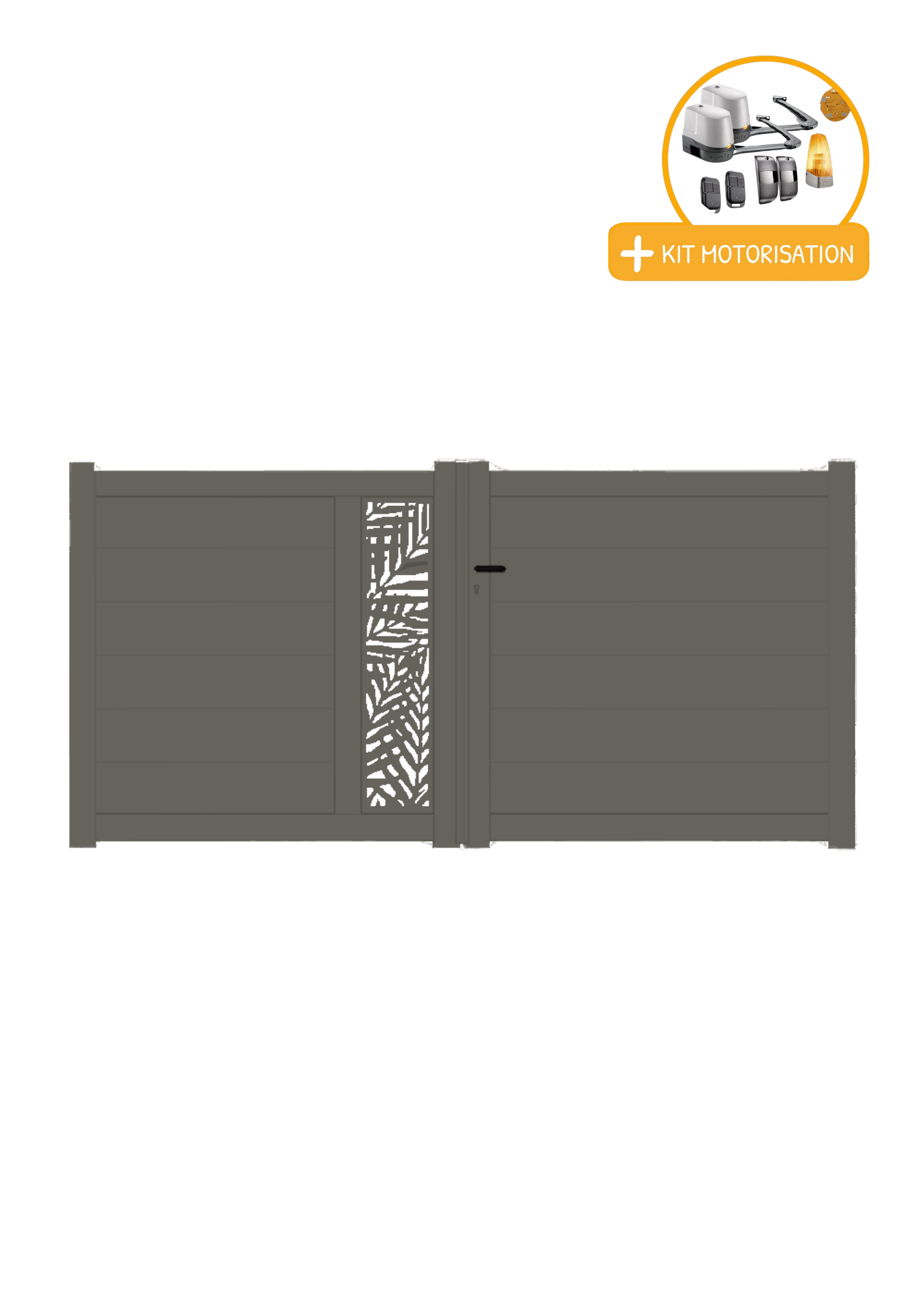 Portail Packit - Portail alu battant découpe laser en kit +MOT dim. L.3500 (entre piliers) X H.1500 mmMOT LOCKYVIA (à bras)  Gris Quartz (RAL 7039)