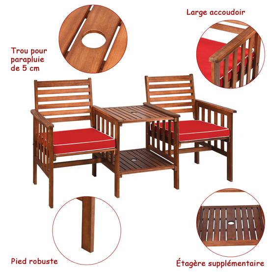 Salon de Jardin Bois d'Acacia 2 Personnes Ensemble de 2 Chaises avec Table Basse et Coussin Trou de Parasol de 5CM Rouge - Image 7
