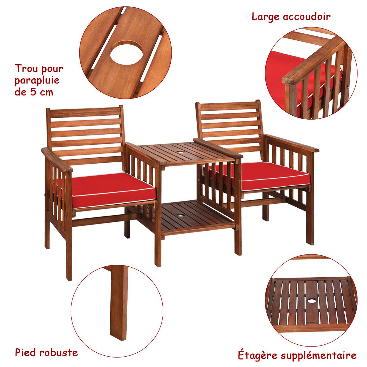 Salon de Jardin Bois d'Acacia 2 Personnes Ensemble de 2 Chaises avec Table Basse et Coussin Trou de Parasol de 5CM Rouge - Image 7