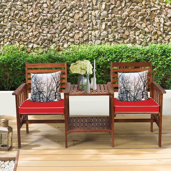 Salon de Jardin Bois d'Acacia 2 Personnes Ensemble de 2 Chaises avec Table Basse et Coussin Trou de Parasol de 5CM Rouge - Image 2