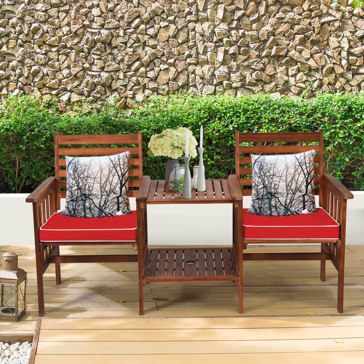 Salon de Jardin Bois d'Acacia 2 Personnes Ensemble de 2 Chaises avec Table Basse et Coussin Trou de Parasol de 5CM Rouge - Image 2