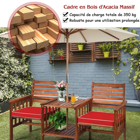 Salon de Jardin Bois d'Acacia 2 Personnes Ensemble de 2 Chaises avec Table Basse et Coussin Trou de Parasol de 5CM Rouge - Image 8