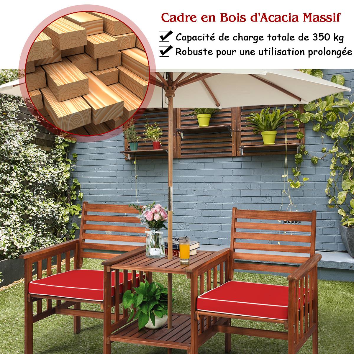 Salon de Jardin Bois d'Acacia 2 Personnes Ensemble de 2 Chaises avec Table Basse et Coussin Trou de Parasol de 5CM Rouge - Image 8