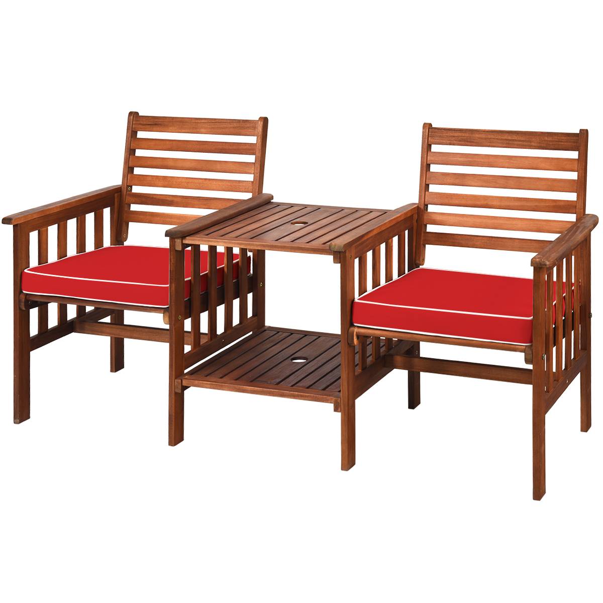 Salon de Jardin Bois d'Acacia 2 Personnes Ensemble de 2 Chaises avec Table Basse et Coussin Trou de Parasol de 5CM Rouge - Image 1