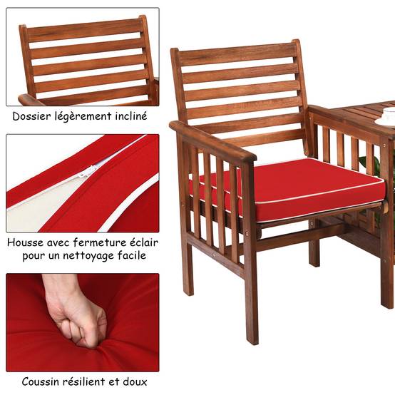 Salon de Jardin Bois d'Acacia 2 Personnes Ensemble de 2 Chaises avec Table Basse et Coussin Trou de Parasol de 5CM Rouge - Image 6