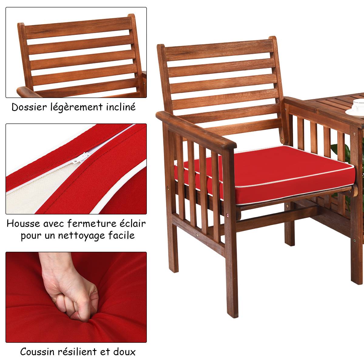 Salon de Jardin Bois d'Acacia 2 Personnes Ensemble de 2 Chaises avec Table Basse et Coussin Trou de Parasol de 5CM Rouge - Image 6