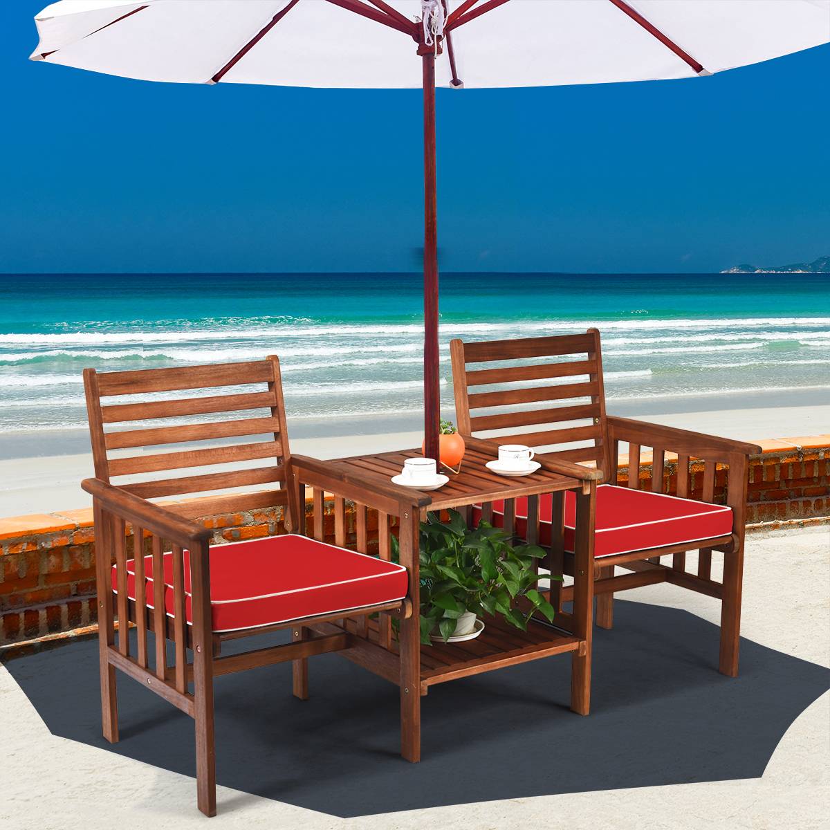 Salon de Jardin Bois d'Acacia 2 Personnes Ensemble de 2 Chaises avec Table Basse et Coussin Trou de Parasol de 5CM Rouge - Image 5