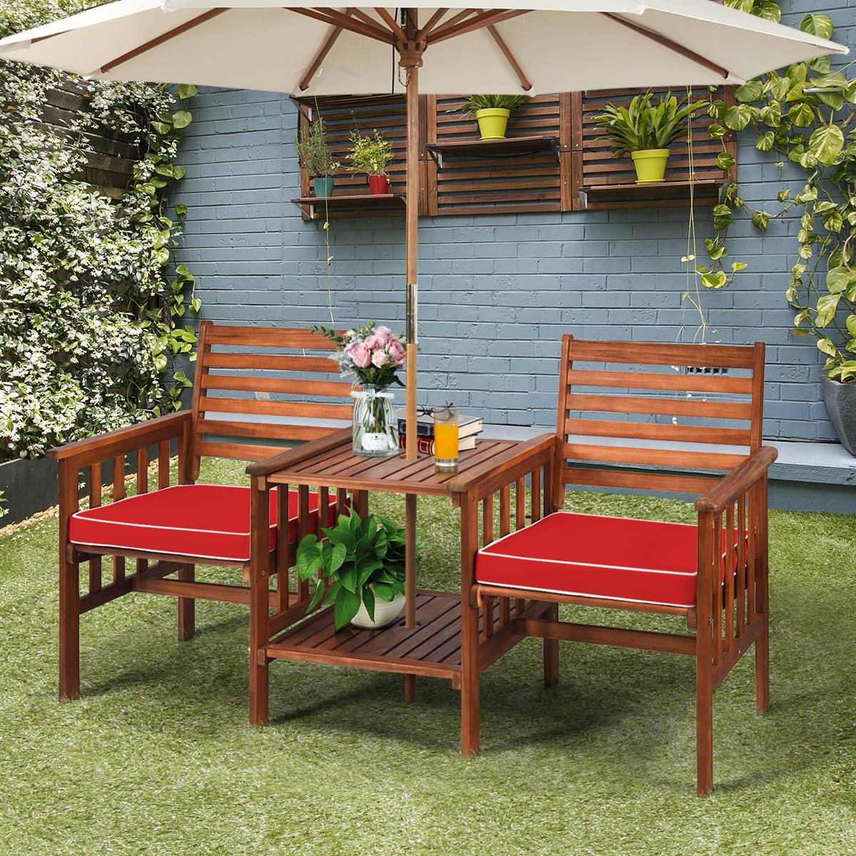 Salon de Jardin Bois d'Acacia 2 Personnes Ensemble de 2 Chaises avec Table Basse et Coussin Trou de Parasol de 5CM Rouge - Image 4