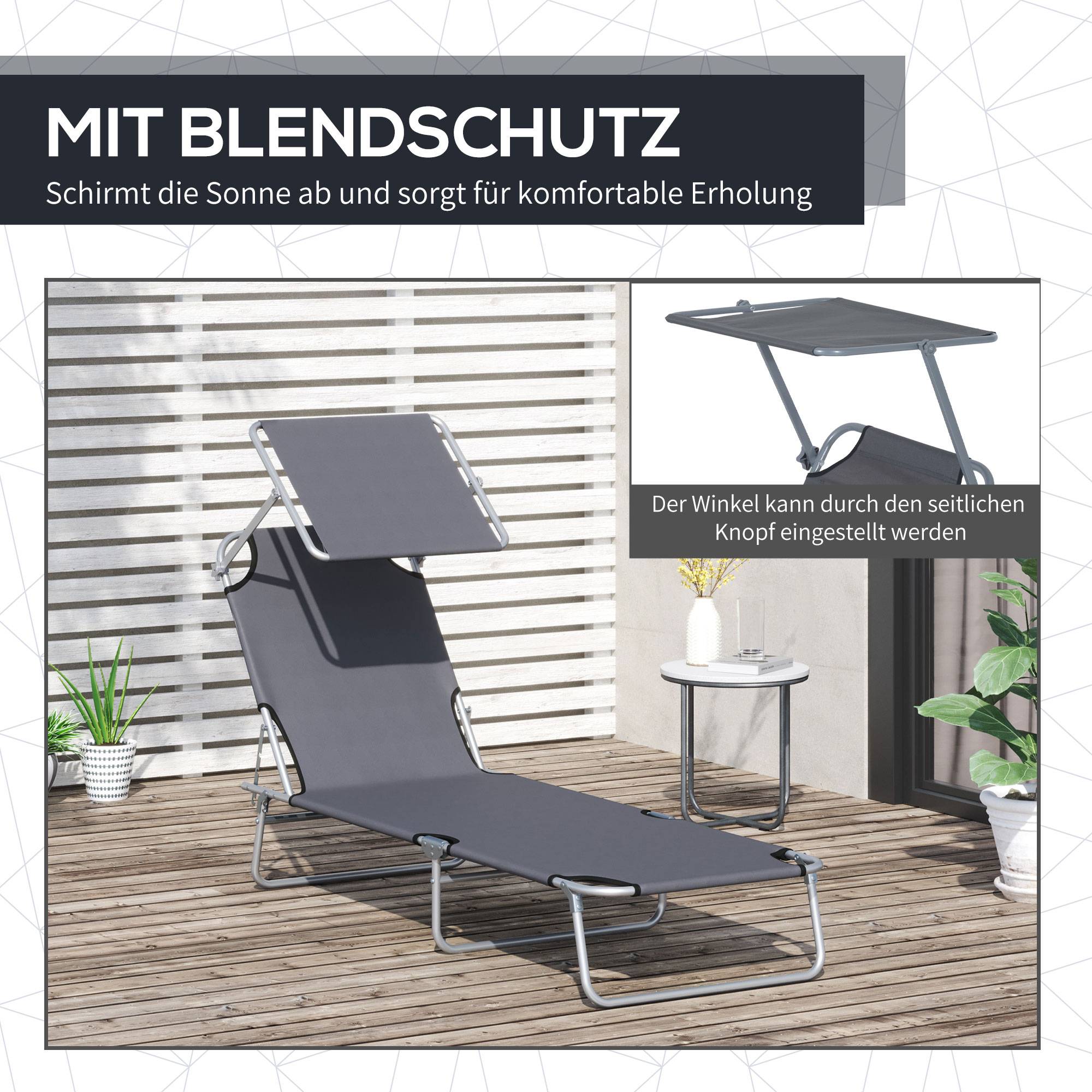Chaise longue pliante avec pare-soleil, dossier réglable 4 positions, transat de jardin, charge 120 kg, gris (108 caractères) - Image 8