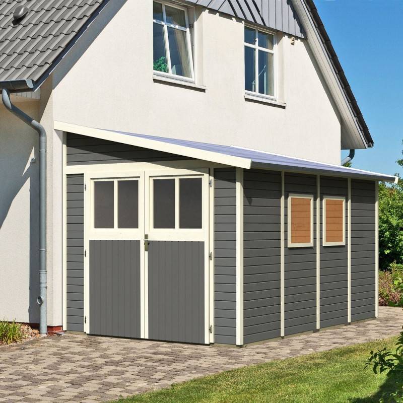 Abri de jardin adossé 8,27m² en épicéa gris avec embase Karibu Bomlitz - Image 1