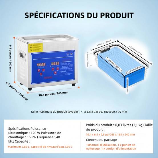 VEVOR Nettoyeur à ultrasons professionnel 3L, affichage digital ultrasonique (3L) - Image 7