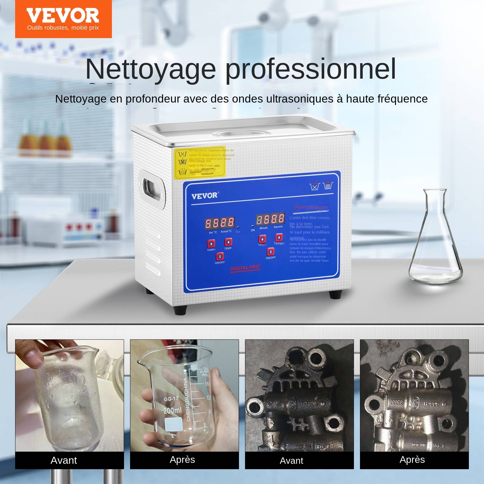 VEVOR Nettoyeur à ultrasons professionnel 3L, affichage digital ultrasonique (3L) - Image 2