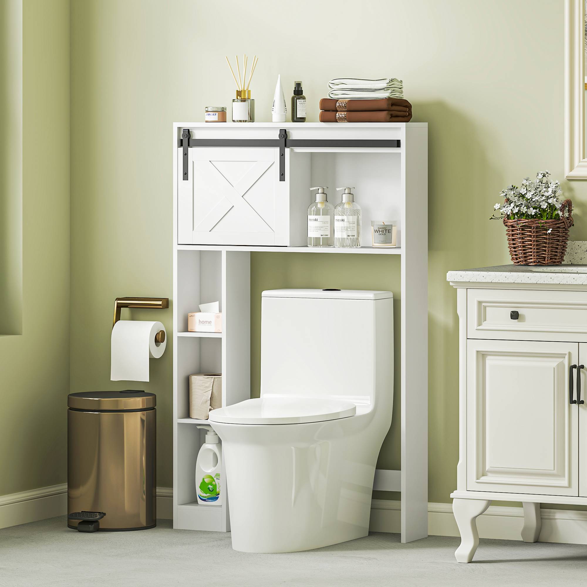 Sans Marque - Meuble rangement dessus toilettes porte coulissante meuble étagère dessus WC étagère réglable blanc - Image 4