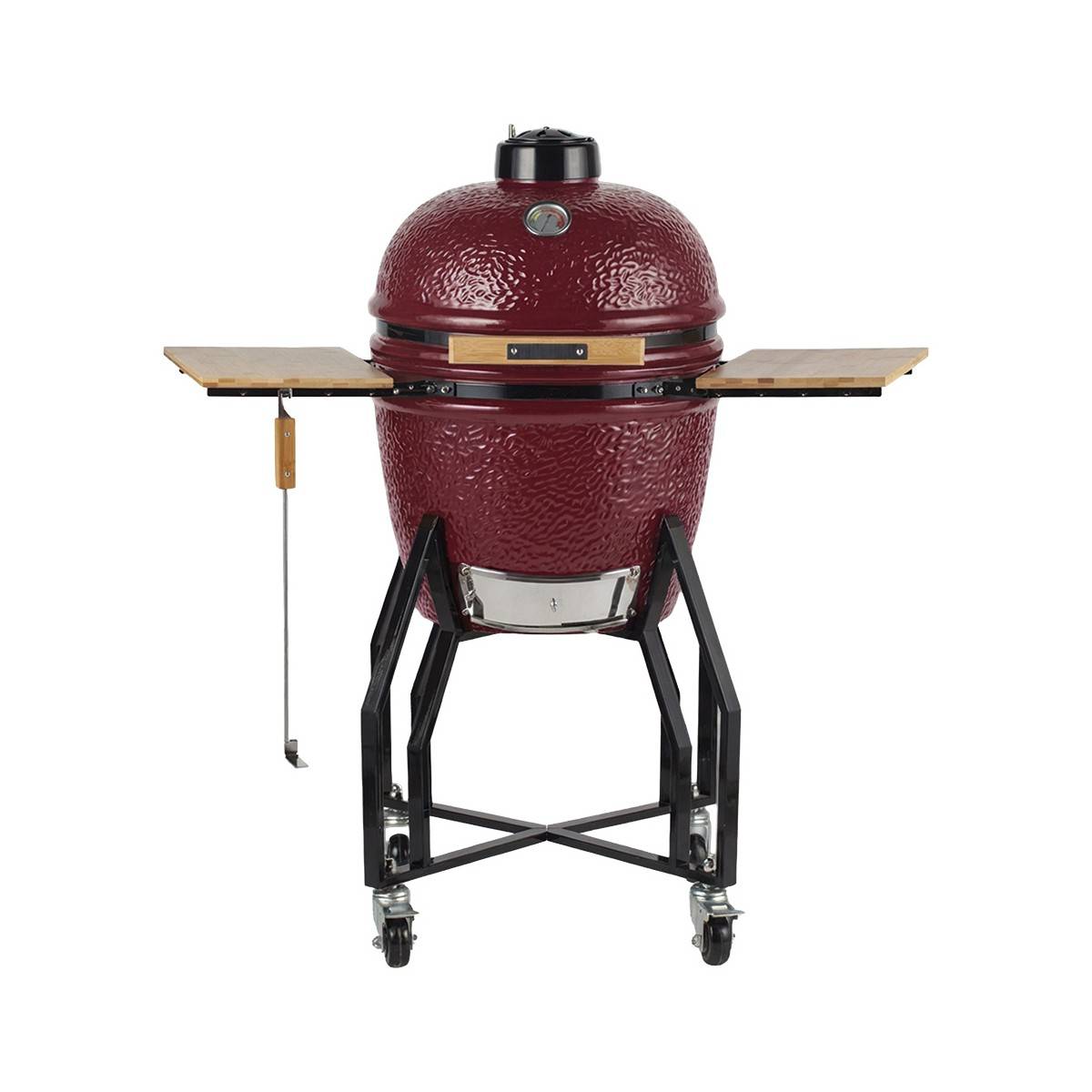 Barbecue à charbon de bois Céramique Kamado Rouge 2 zones de cuisson Grill & Fumoir Ø56cm - Barbecue mobile + 2 tablettes INTEC - Image 1