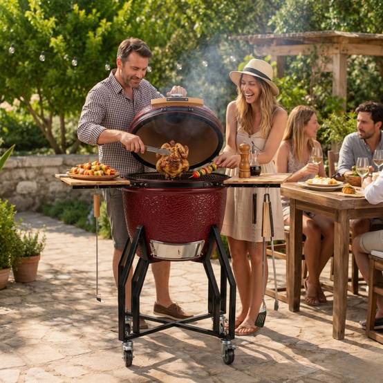 Barbecue à charbon de bois Céramique Kamado Rouge 2 zones de cuisson Grill & Fumoir Ø56cm - Barbecue mobile + 2 tablettes INTEC - Image 4