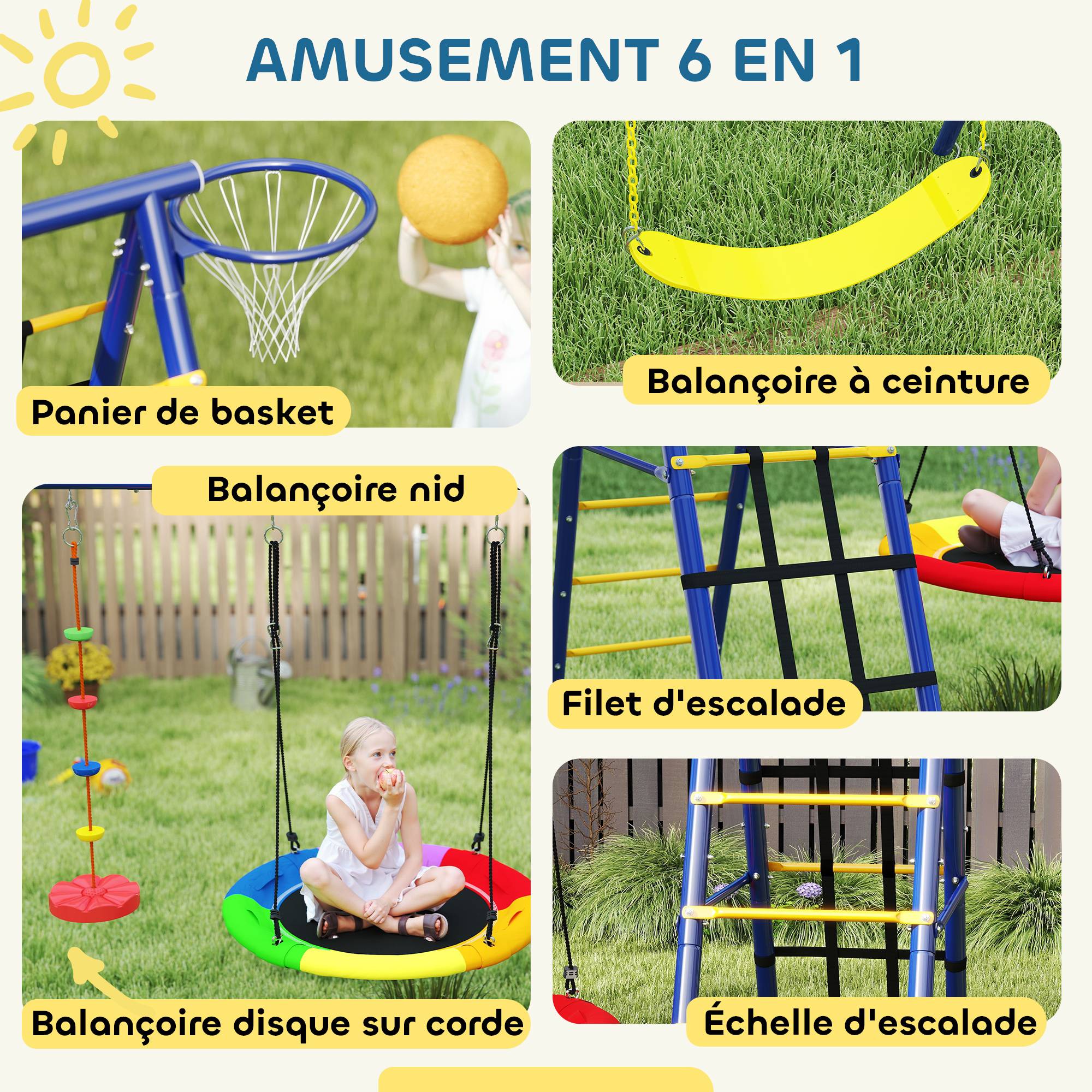 Portique balancoire exterieur 6 en 1 avec 3 balançoires, panier de basket, échelle d'escalade et filet, multicolore - Image 6