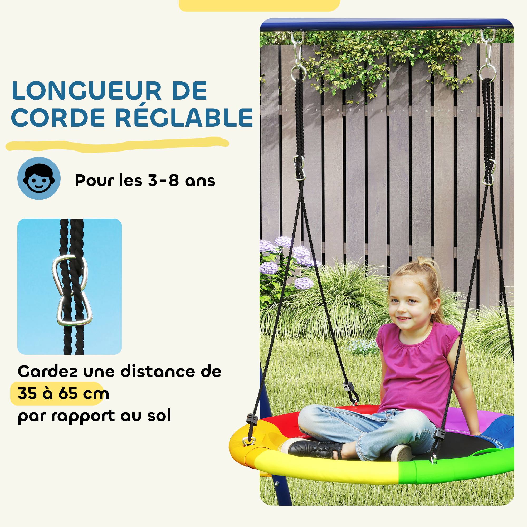 Portique balancoire exterieur 6 en 1 avec 3 balançoires, panier de basket, échelle d'escalade et filet, multicolore - Image 7