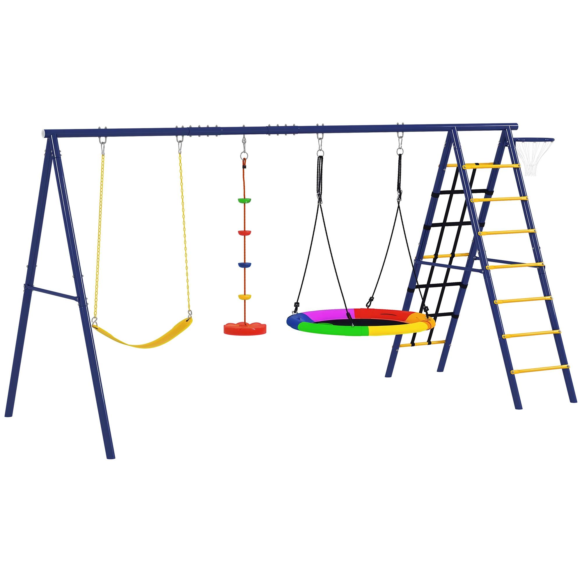 Portique balancoire exterieur 6 en 1 avec 3 balançoires, panier de basket, échelle d'escalade et filet, multicolore - Image 1