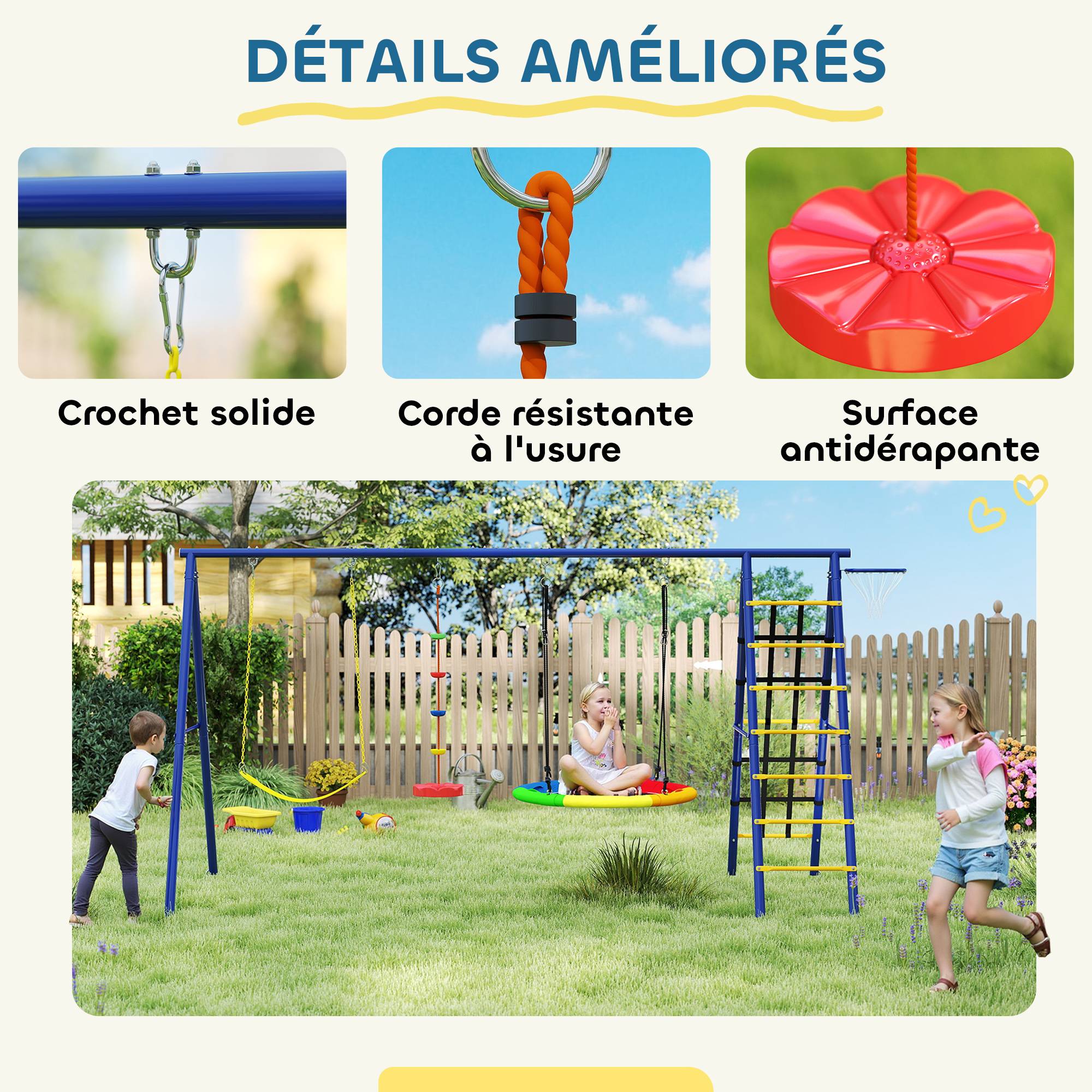 Portique balancoire exterieur 6 en 1 avec 3 balançoires, panier de basket, échelle d'escalade et filet, multicolore - Image 10