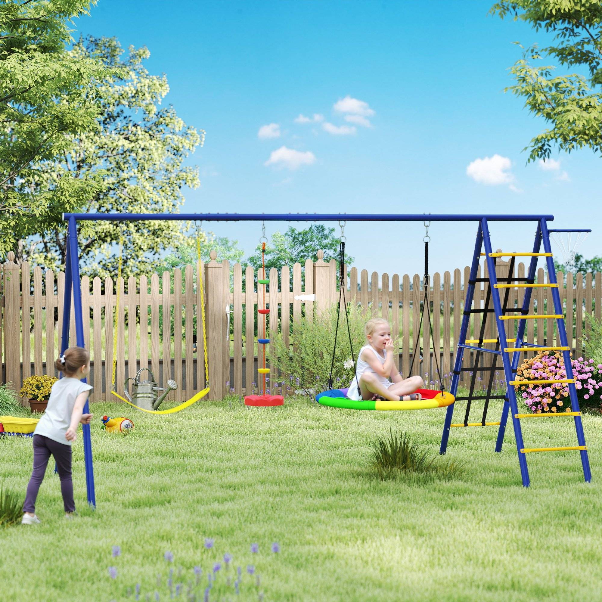 Portique balancoire exterieur 6 en 1 avec 3 balançoires, panier de basket, échelle d'escalade et filet, multicolore - Image 4