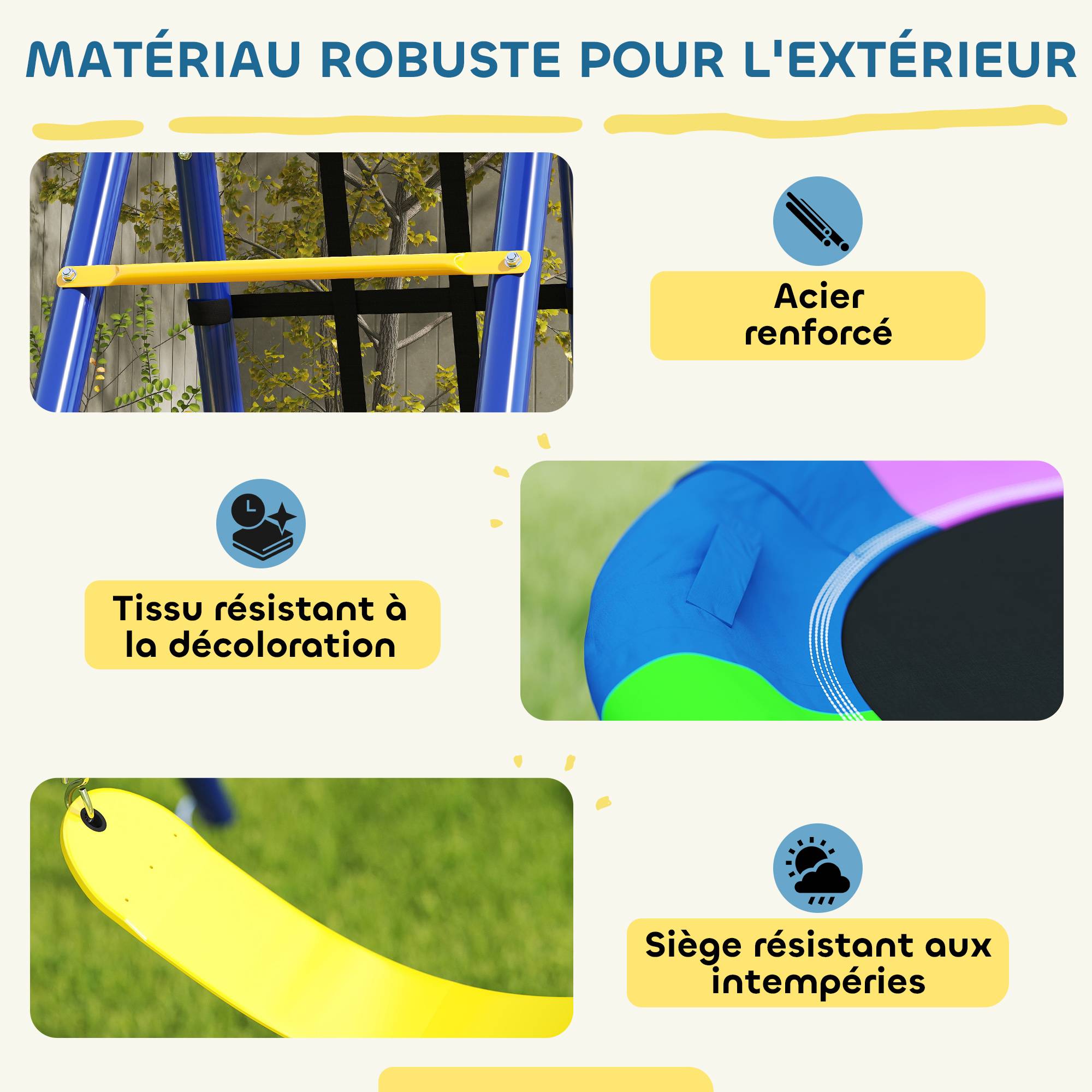 Portique balancoire exterieur 6 en 1 avec 3 balançoires, panier de basket, échelle d'escalade et filet, multicolore - Image 9