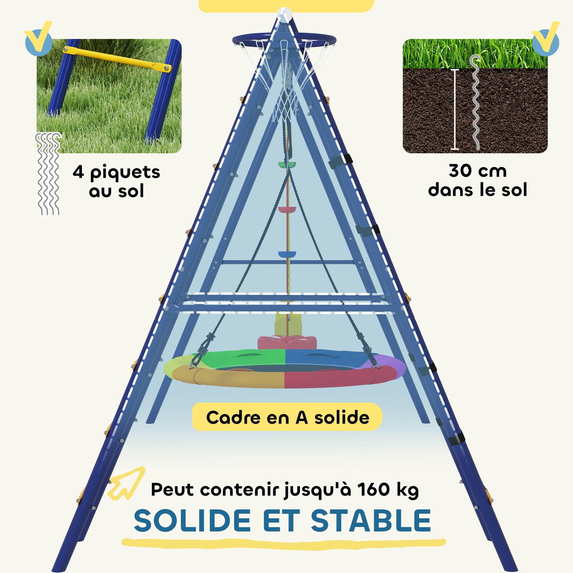 Portique balancoire exterieur 6 en 1 avec 3 balançoires, panier de basket, échelle d'escalade et filet, multicolore - Image 8