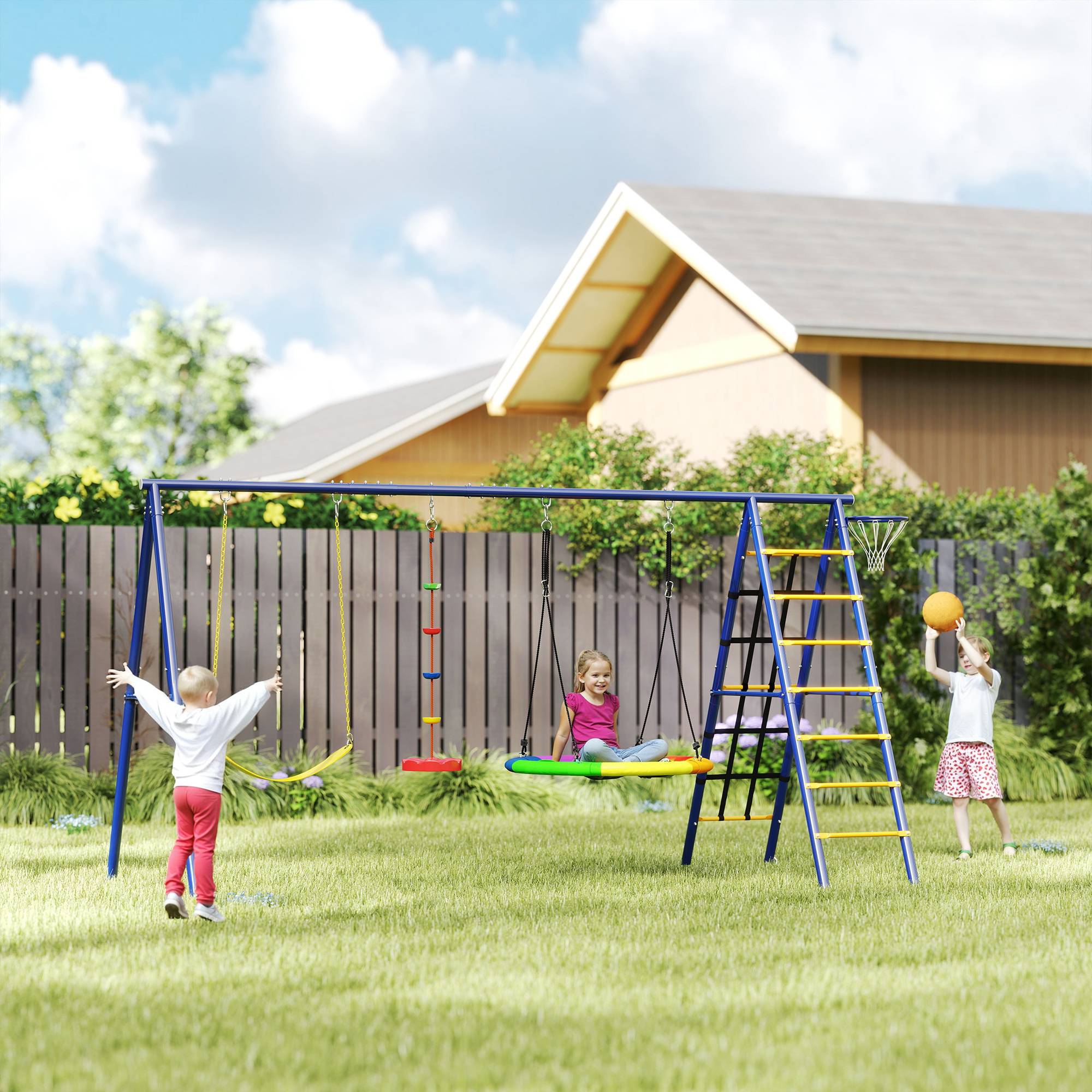 Portique balancoire exterieur 6 en 1 avec 3 balançoires, panier de basket, échelle d'escalade et filet, multicolore - Image 3