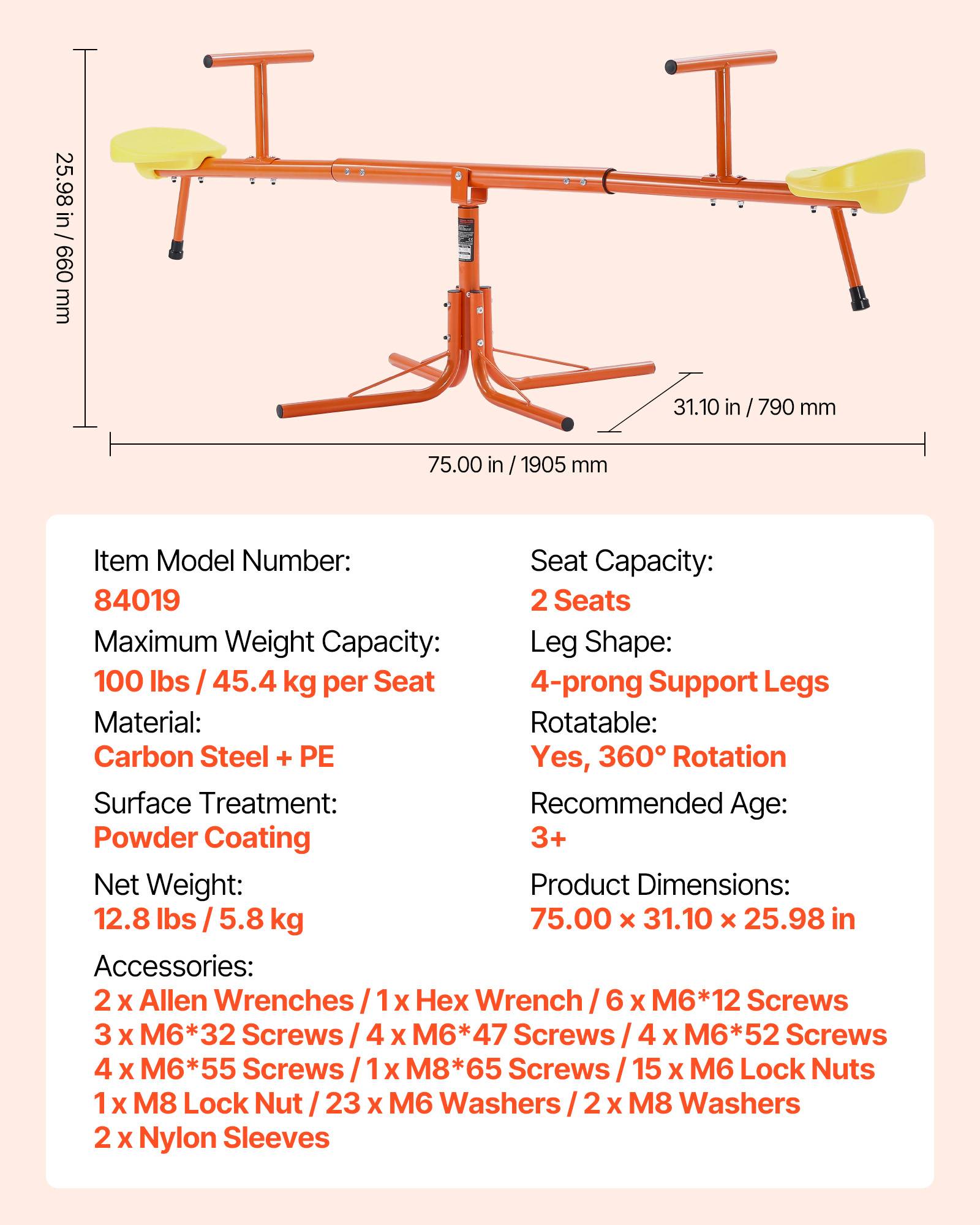 Vevor - VEVOR balançoire à bascule biplace, rotation 360°, 45,4 kg par siège, sièges confortables avec poignées, pieds 4 branches, pour enfants 3 ans +. - Image 6