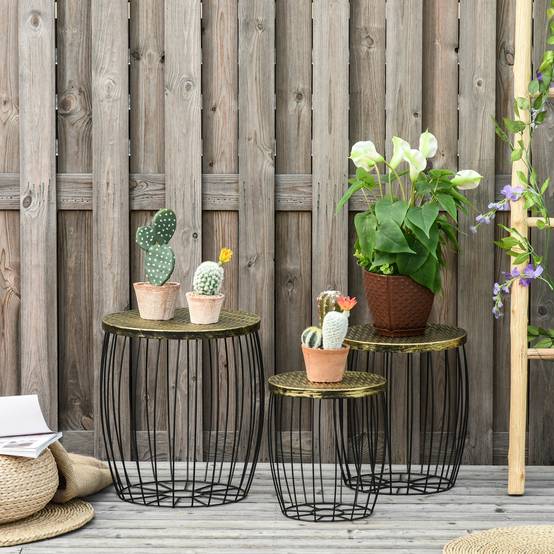 Lot de 3 tables d'appoint style vintage panier métal naturel et noir, trois tailles - Image 2