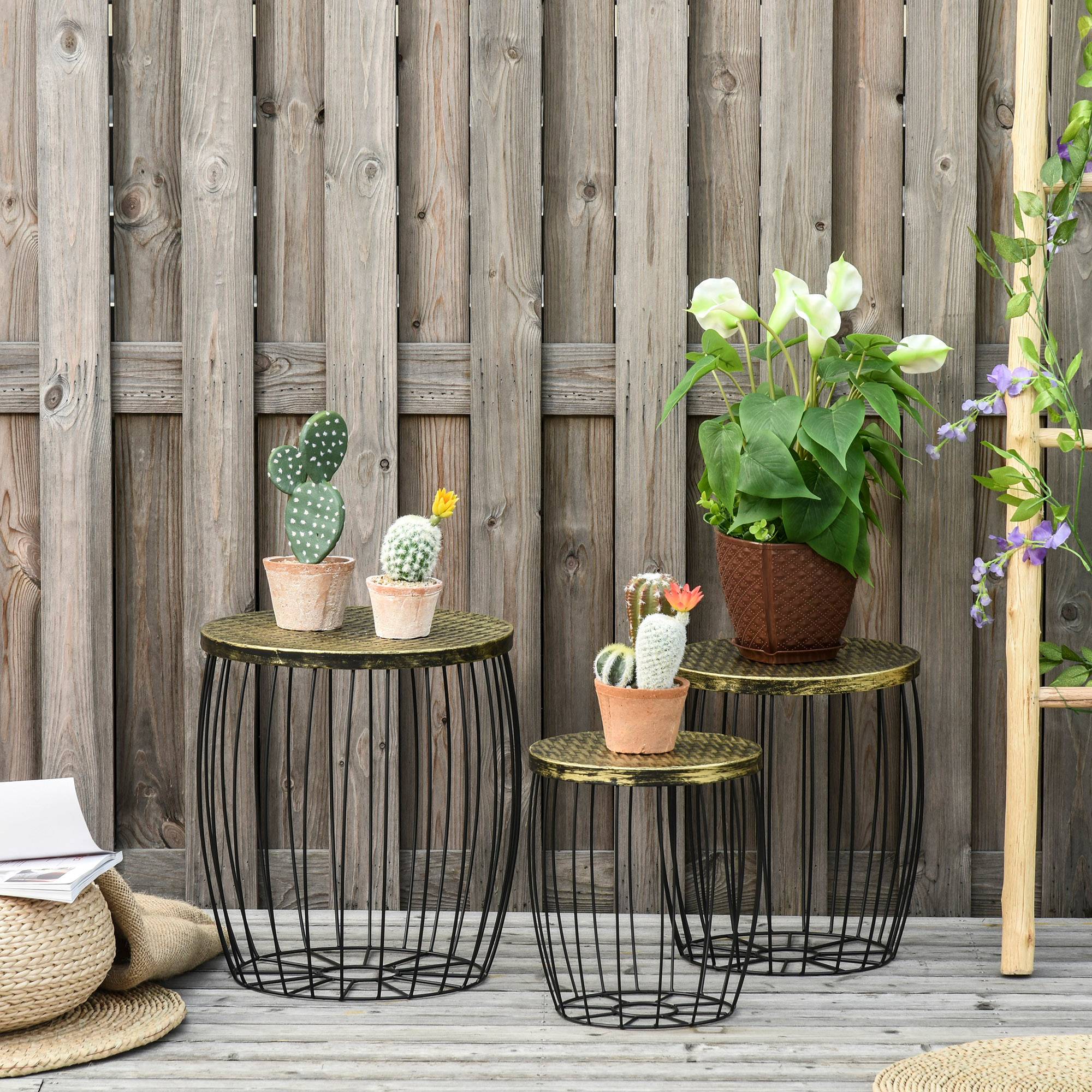 Lot de 3 tables d'appoint style vintage panier métal naturel et noir, trois tailles - Image 2