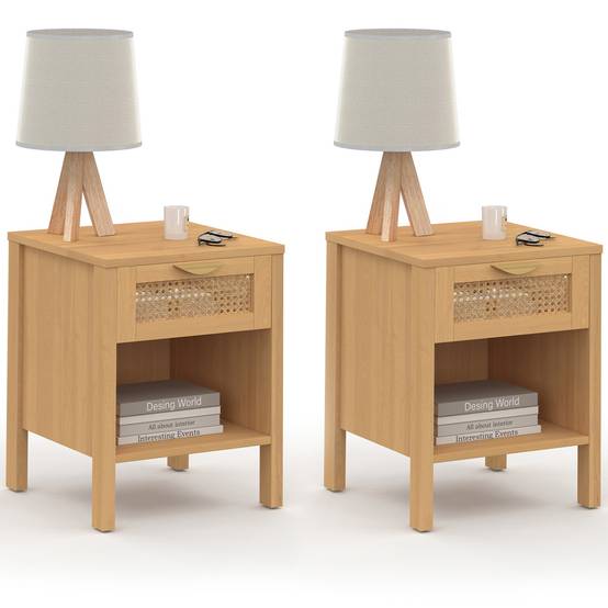 Lot de 2 tables de chevet EDHEN 1 tiroir avec niche cannage et bois - Image 2