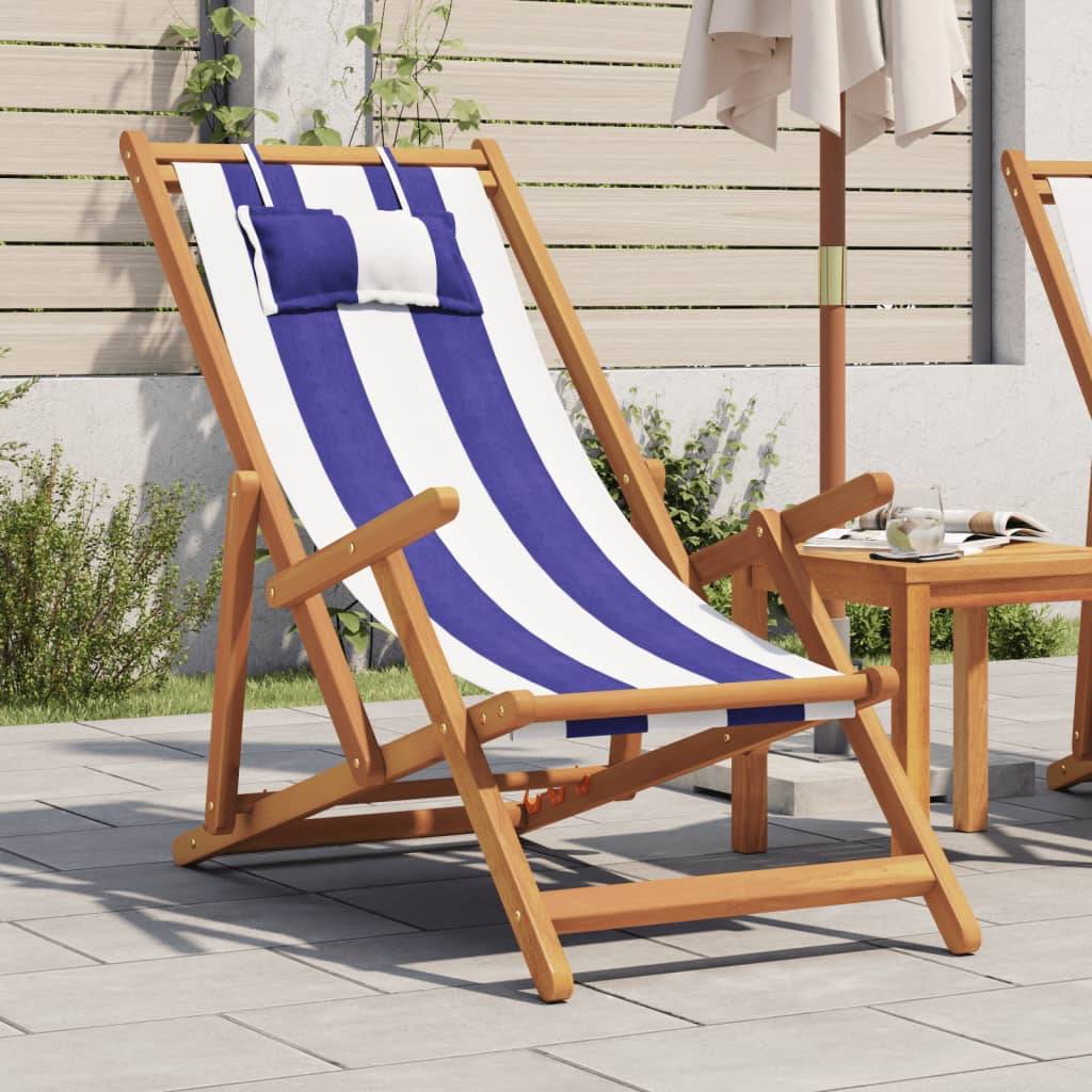Maison Chic - Chaise de plage pliable - Bain de soleil - Transat bleu et blanc bois d'eucalyptus/tissu HL80 - Image 2