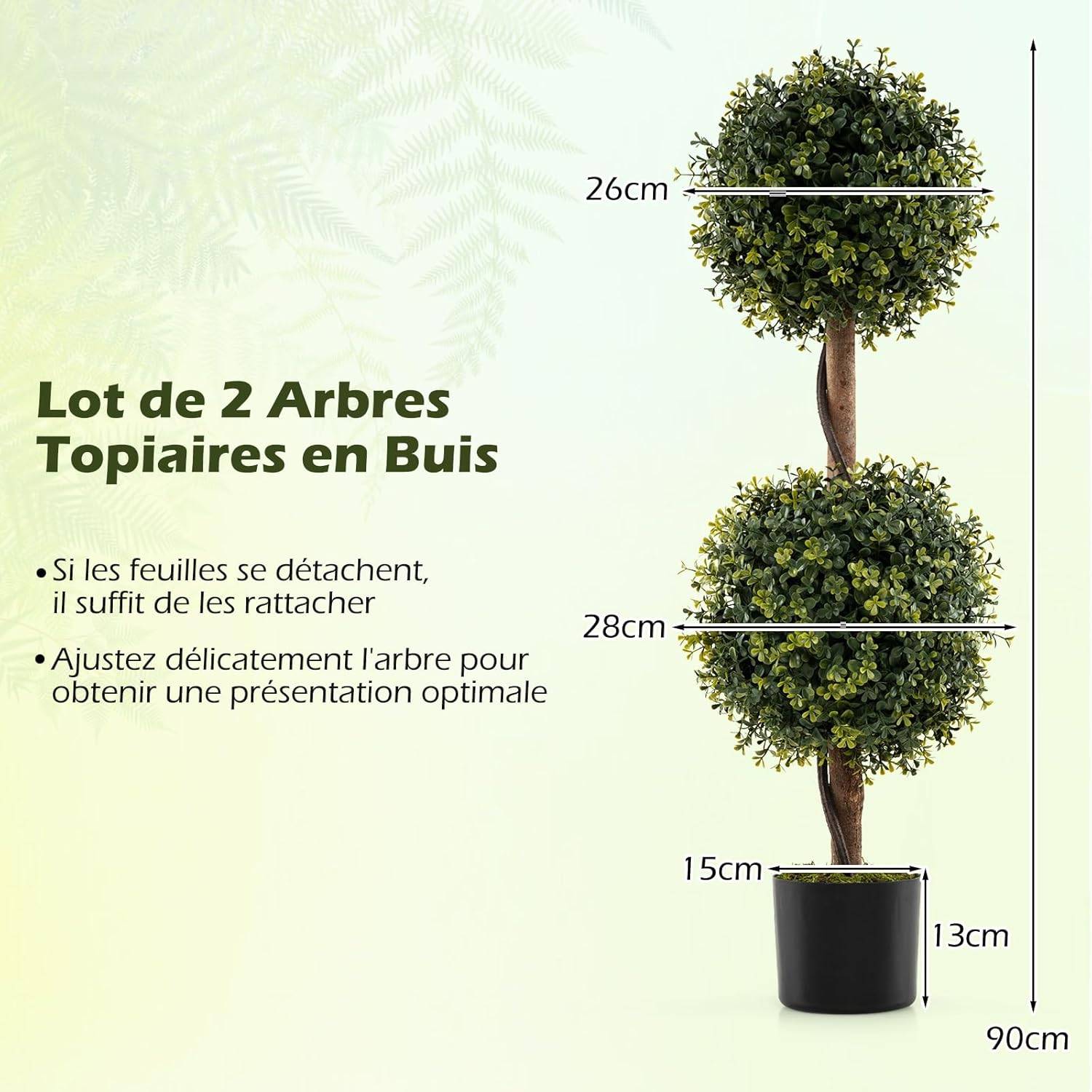 Lot de 2 Arbres Artificiels Topiaire 90 cm avec Double Boule, Fausse Plante en Pot Rempli de Ciment avec Mousse Naturelle, Décoration Interieur/Exteri - Image 4
