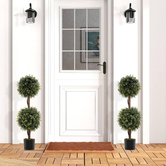 Lot de 2 Arbres Artificiels Topiaire 90 cm avec Double Boule, Fausse Plante en Pot Rempli de Ciment avec Mousse Naturelle, Décoration Interieur/Exteri - Image 2