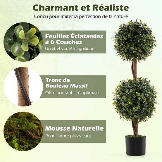 Lot de 2 Arbres Artificiels Topiaire 90 cm avec Double Boule, Fausse Plante en Pot Rempli de Ciment avec Mousse Naturelle, Décoration Interieur/Exteri - Image 3