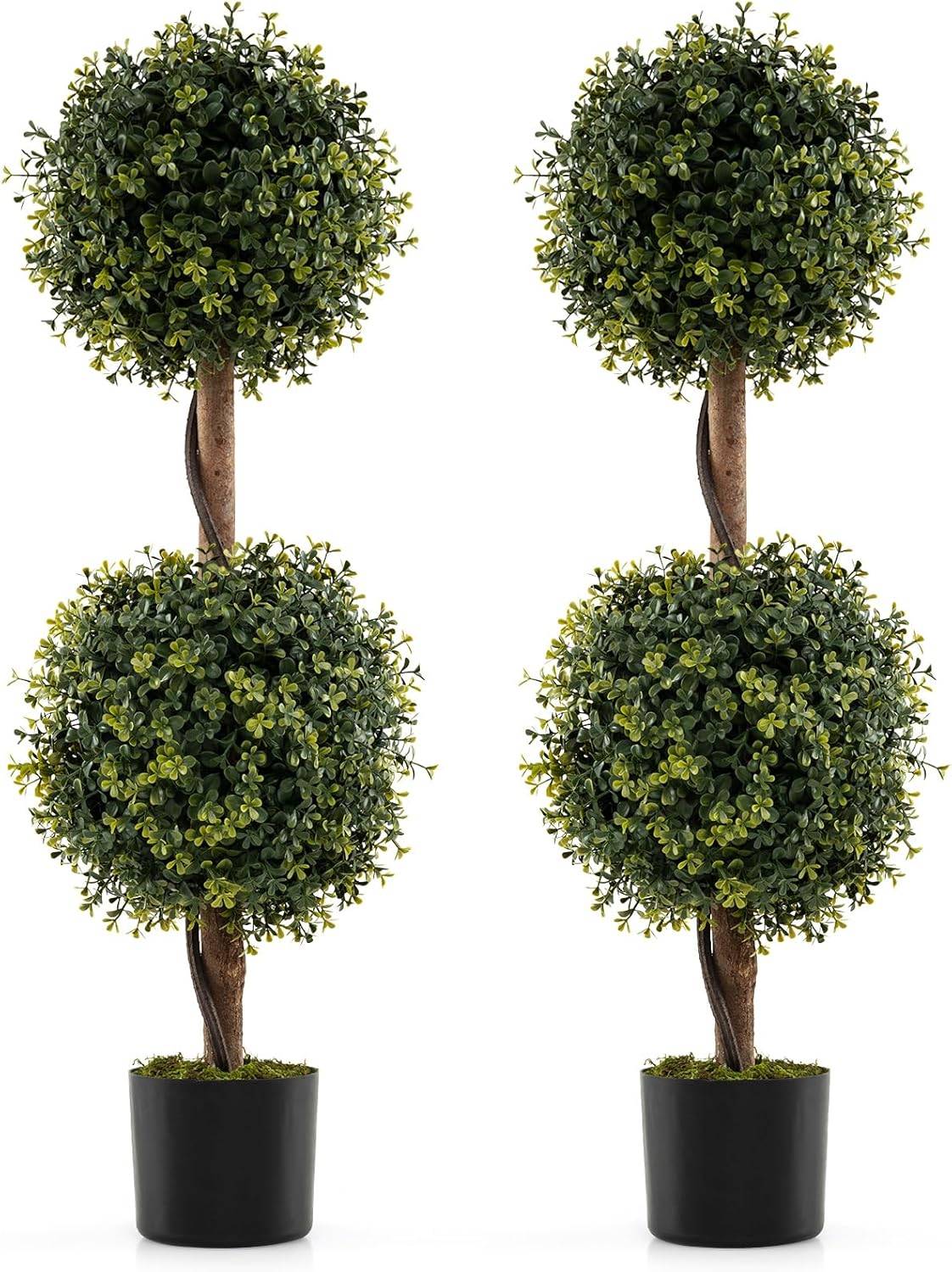Lot de 2 Arbres Artificiels Topiaire 90 cm avec Double Boule, Fausse Plante en Pot Rempli de Ciment avec Mousse Naturelle, Décoration Interieur/Exteri - Image 1