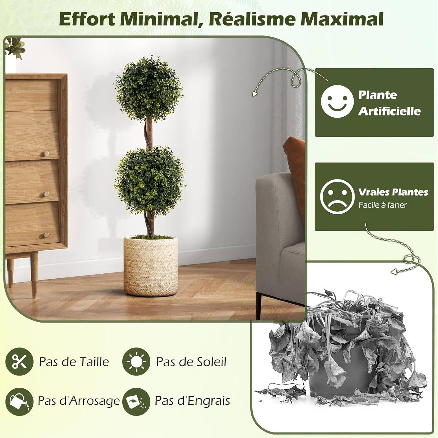 Lot de 2 Arbres Artificiels Topiaire 90 cm avec Double Boule, Fausse Plante en Pot Rempli de Ciment avec Mousse Naturelle, Décoration Interieur/Exteri - Image 5