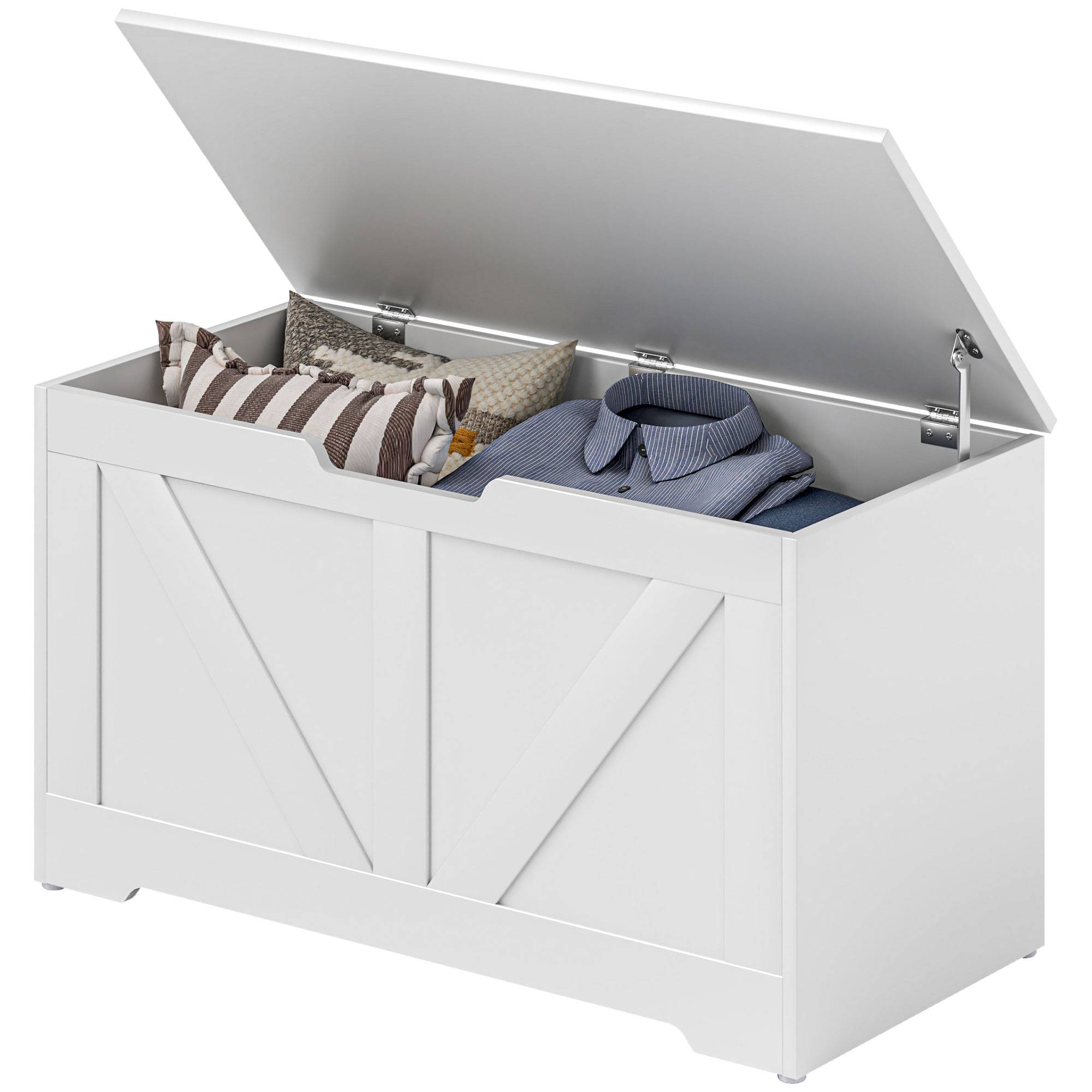 Coffre rangement 100 L avec charnière sécurité, banc coffre multifonction blanc chambre entrée salon 80x40x45 cm - Image 2