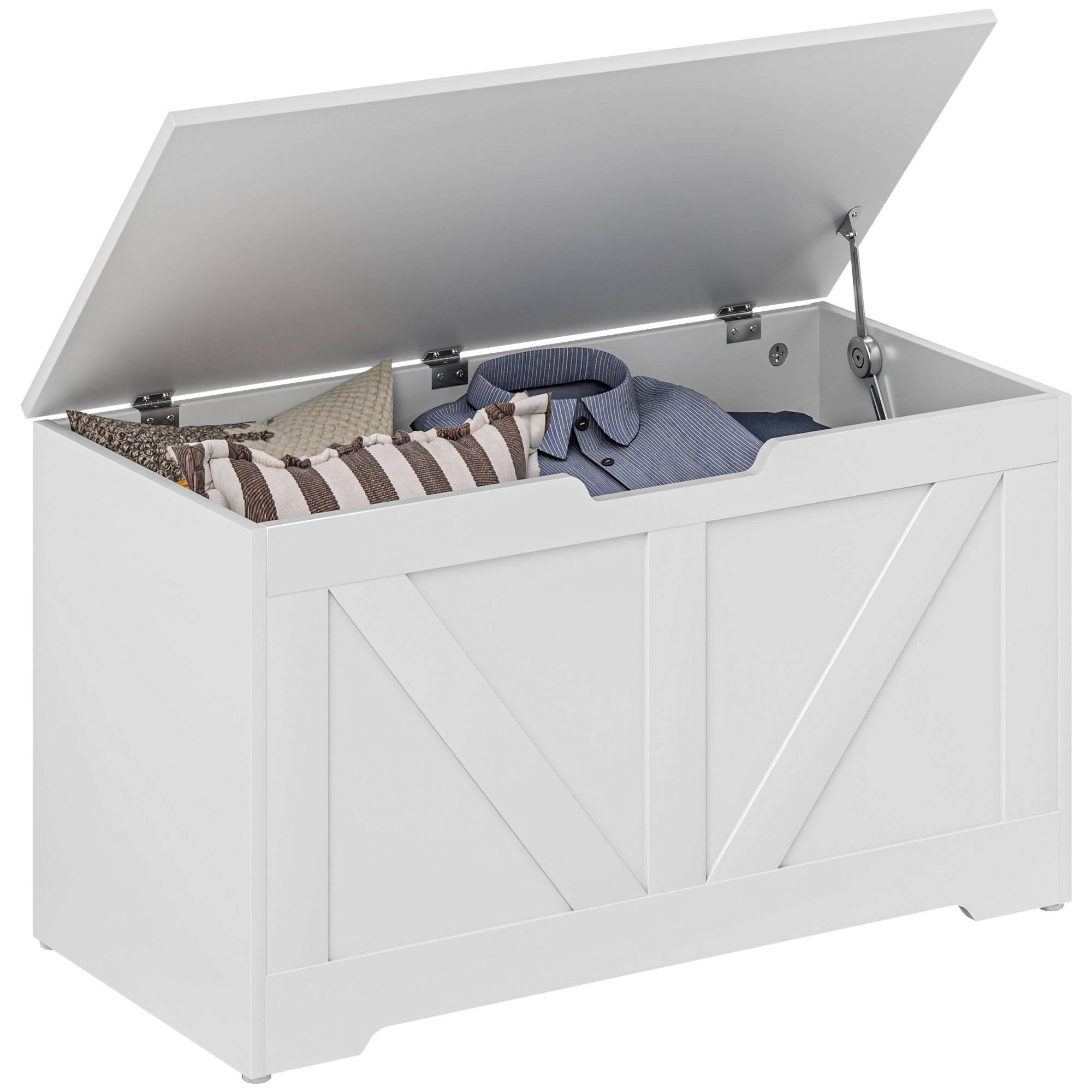 Coffre rangement 100 L avec charnière sécurité, banc coffre multifonction blanc chambre entrée salon 80x40x45 cm - Image 1