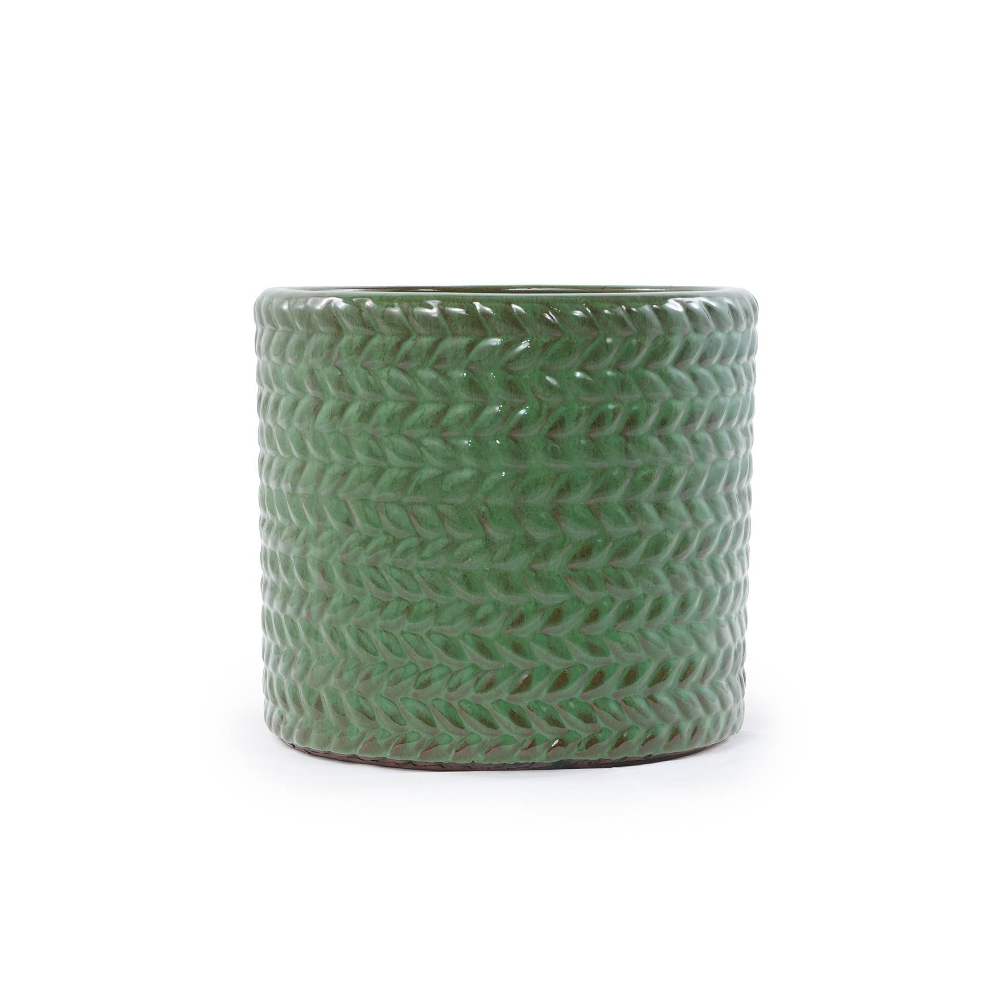 ComfortXL - Pot de fleurs en grès Ø37 cm vert olive relief chevrons intérieur extérieur drainant - ComfortXL Outdoor Living - Image 1