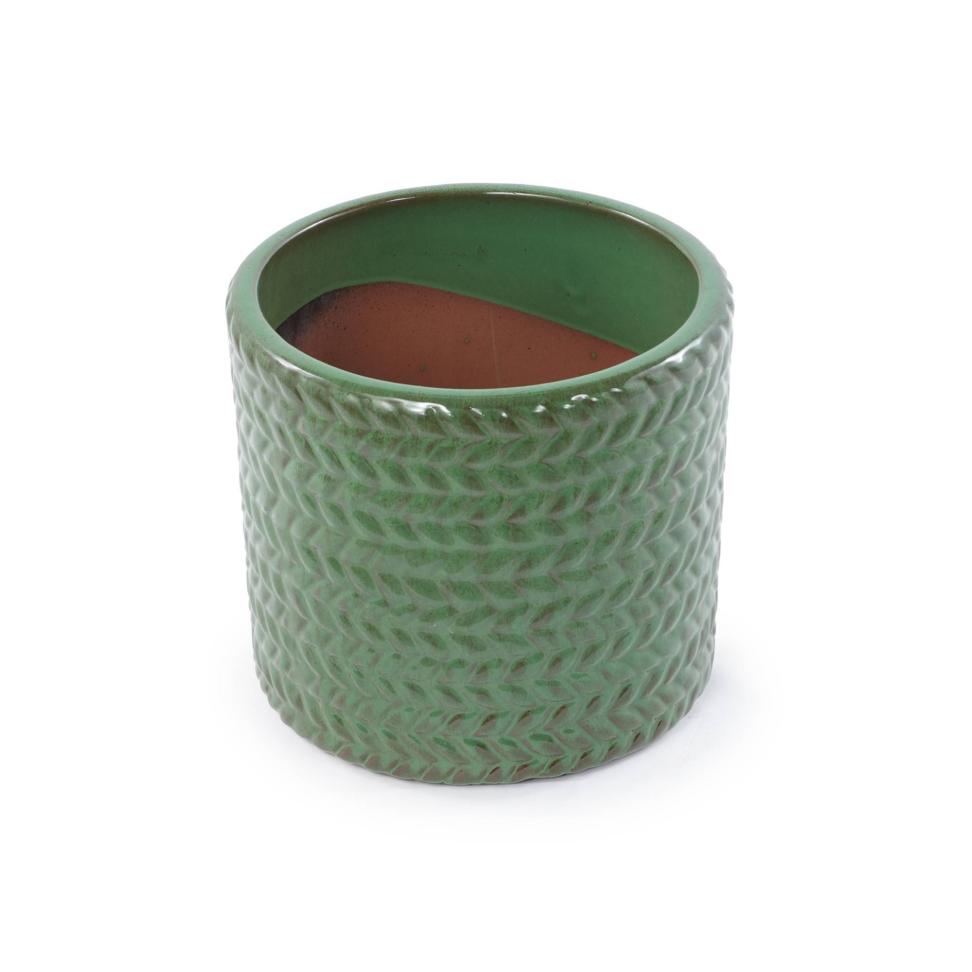 ComfortXL - Pot de fleurs en grès Ø37 cm vert olive relief chevrons intérieur extérieur drainant - ComfortXL Outdoor Living - Image 2